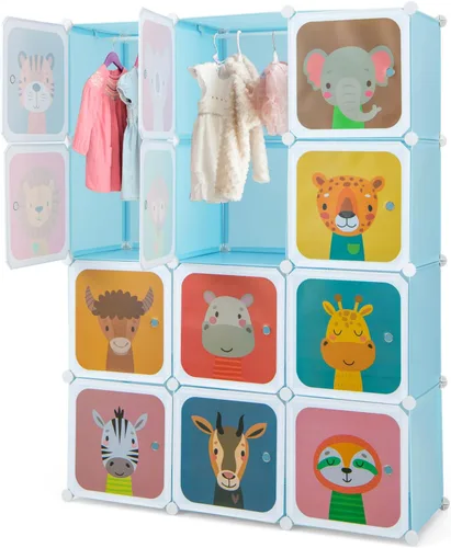 Miniatura 14 de HONEY JOY Armario para niños, organizador de almacenamiento de ropa de dibujos animados para bebés, 8 cubos y 2 secciones para colgar, armario Azul