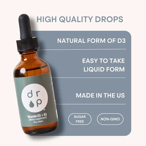 Miniatura 6 de Drop Vitamina D3 + K2 gotas líquidas, 1000 UI Vegan D3 de liquen, 45 mcg K2 (MK-4 y MK-7), con aceite de coco MCT orgánico, apoyo óseo e