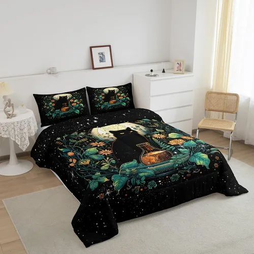 Miniatura 5 de Castle Fairy Juego de edredón con diseño de gato lindo para niños, tamaño twin, juego de ropa de cama con hojas de flores, luna, noche y cielo