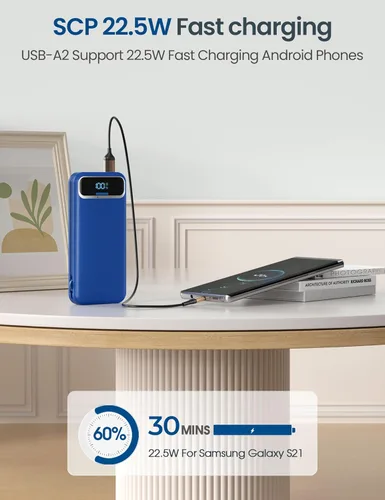 Miniatura 6 de Cargador portátil ligero de 12000 mAh con cables integrados y enchufe de pared de CA, batería de carga rápida PD20W USB-C, pantalla LED, cargador