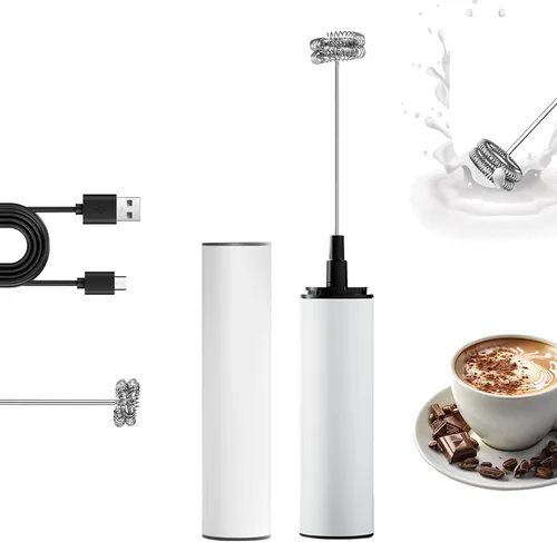 Espumador de leche eléctrico recargable de mano con tapa, varita espumadora de café, mezclador de bebidas de mano con 2 batidores desmontables de