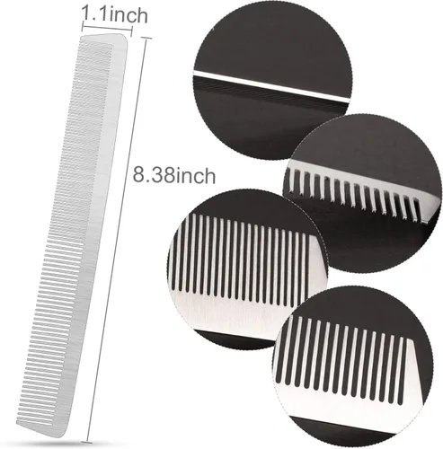 Miniatura 3 de Patelai Peine de metal de acero inoxidable para hombres, peine de peluquero de doble cara plateado, dientes anchos y finos, antiestático para cortar