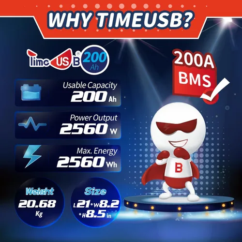 Miniatura 3 de Timeusb Batería LiFePO4 de 12 V 200 Ah Plus, BMS de 200 A incorporada, batería de ciclo profundo con potencia de salida máxima de 2560 W, perfecta