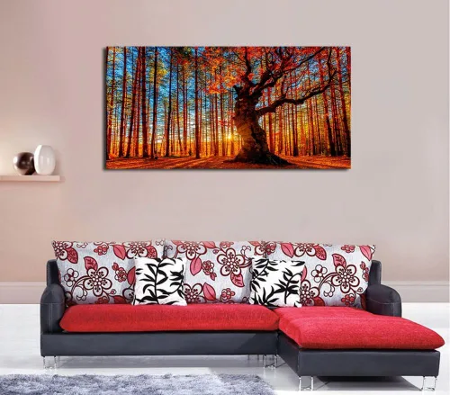 Miniatura 2 de Arte de pared de bosque grande, bosque y puesta de sol, lienzo, cuadros de hojas rojas, paisaje, lienzo, obra de arte contemporánea de naturaleza
