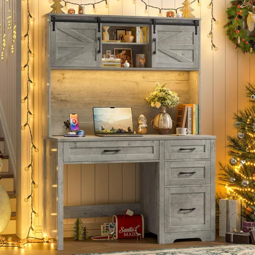 Miniatura 17 de Escritorio ejecutivo Farmhouse de 67" de altura con estante superior, escritorio de oficina con 4 cajones y luz LED, mesa de computadora con Gris