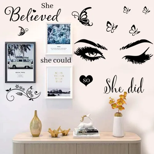 Miniatura 4 de Adhesivo de pared de vinilo con texto en inglés "She Believed She Could So She Did", calcomanías de pared de mariposa para dormitorio, sala