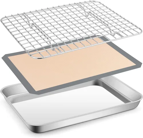 E-far - Juego de bandejas para hornear para horno tostador, bandeja pequeña de acero inoxidable de 10.5 x 8.3 pulgadas con rejilla de alambre y