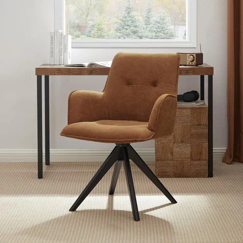 Miniatura 11 de Zouron Silla de escritorio giratoria sin ruedas, silla de oficina tapizada con patas de madera de roble, sillón moderno para espacios pequeños