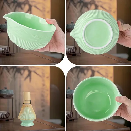 Miniatura 6 de PHILORN Juego de batidores de matcha, 9 piezas de cerámica macha, juego de batidor y cuenco con boquilla, batidores, soporte, cuchara de bambú, Cian
