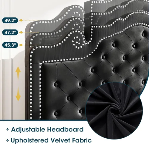Miniatura 4 de WEEWAY Base de cama de plataforma de tamaño matrimonial con tiara ajustable de terciopelo, cabecero curvado y alta resistencia, botón tapizado
