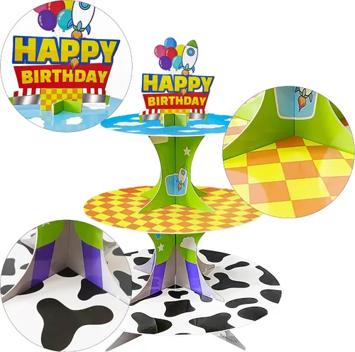 Miniatura 8 de Soporte para cupcakes de 3 niveles de historieta de dibujos animados, soporte de torre de postres para decoración de cumpleaños, suministros