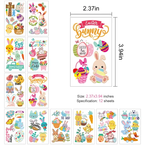 Miniatura 4 de 66 tatuajes de Pascua, 12 hojas coloridas de huevos de conejo, pollo, flores de primavera, calcomanías de mariposa para relleno de huevos de Pascua