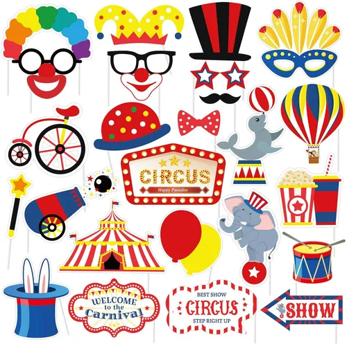 SWYOUN 27 piezas de carnaval circo cabina de fotos accesorios de fiesta de cumpleaños decoraciones suministros de papel fiesta recuerdos de fiesta