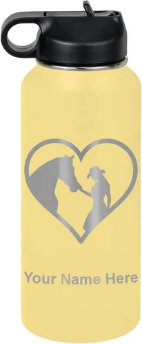 Miniatura 57 de LaserGram Botella de agua personalizada, corazón de vaquera de caballo, acero inoxidable de doble pared aislada al vacío con popote superior, regalo