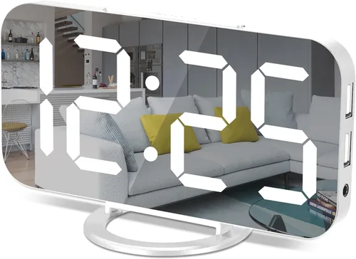 Miniatura 11 de Reloj despertador digital, relojes electrónicos con espejo LED de 7 pulgadas, con 2 puertos de carga USB, modo de suspensión, ajuste automático