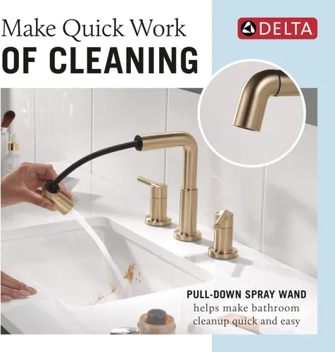 Miniatura 2 de Delta Nicoli - Grifo de baño de oro cepillado con rociador, grifo de fregadero de baño de 8 pulgadas con 3 agujeros y rociador extraíble, desagüe
