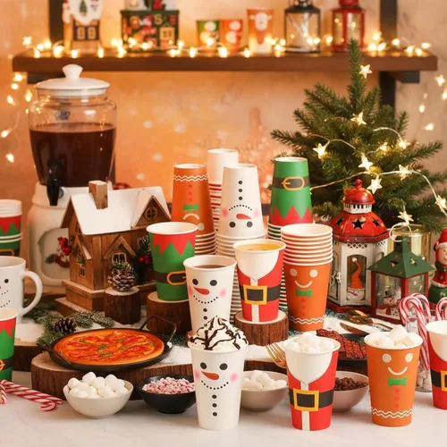 Miniatura 6 de Gerrii 60 piezas de tazas de papel desechables de Navidad de 16 onzas para beber té, bebidas frías y calientes, tazas de Santa, muñeco de nieve