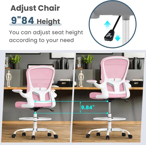 Miniatura 6 de Silla de dibujo, silla de oficina alta con reposabrazos abatibles, silla de escritorio de pie ergonómica ejecutiva para computadora, silla de dibujo