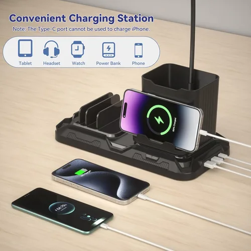Miniatura 6 de KDD Lámpara de escritorio con puertos de carga USB A y C, luz de escritorio de lectura con bolígrafo y soporte para teléfono, luces de brillo