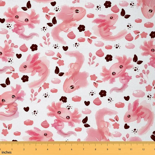 Tela con Patrón de Ajolote Rosa por Yarda Estilo de Dibujos Animados Encantadora Tela de Vida Silvestre para Niños Adolescentes Flores Hojas Lindo