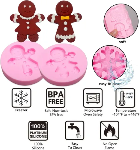 Miniatura 3 de Molde de silicona de fondant de hombre de jengibre navideño, 5 paquetes con copo de nieve, Papá Noel, moldes de chocolate para hornear galletas