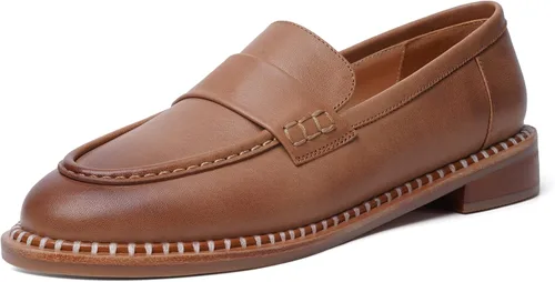 FOGEENA Mocasines de cuero mate para mujer, estilo casual, sin cordones, punta redonda, tacón bajo grueso, zapatos de vestir de 1 pulgada