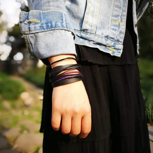 Miniatura 7 de Pulsera de piel auténtica para hombre y mujer, multicapa, ajustable, con cuerda multicolor