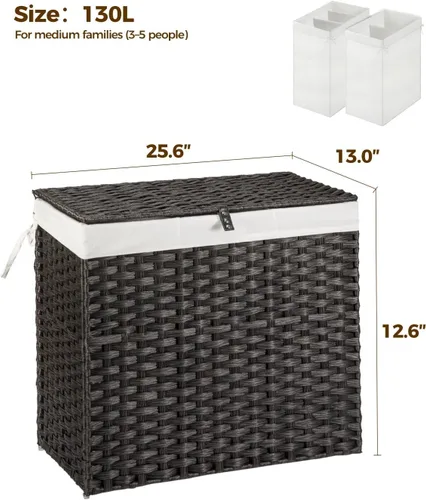 Miniatura 54 de GREENSTELL Cesta para ropa sucia con ruedas y tapa, 130 L, cesta grande de 3 secciones con 2 tipos de bolsas de forro extraíbles, 5 bolsas de malla