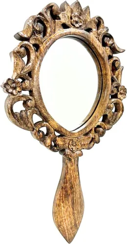 collectiblesBuy Espejo de mano de madera vintage, forma ovalada rústica con asa, espejo de maquillaje de viaje portátil, accesorio cosmético de baño