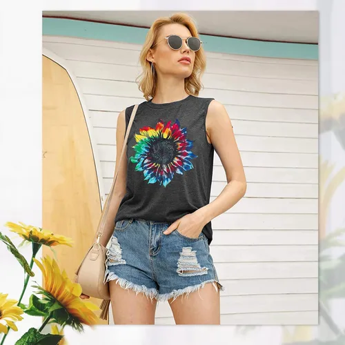 Miniatura 4 de JINTING - Camisetas sin mangas con estampado de girasoles para mujer de verano, camisetas sin mangas, con estampado y estilo bohemio