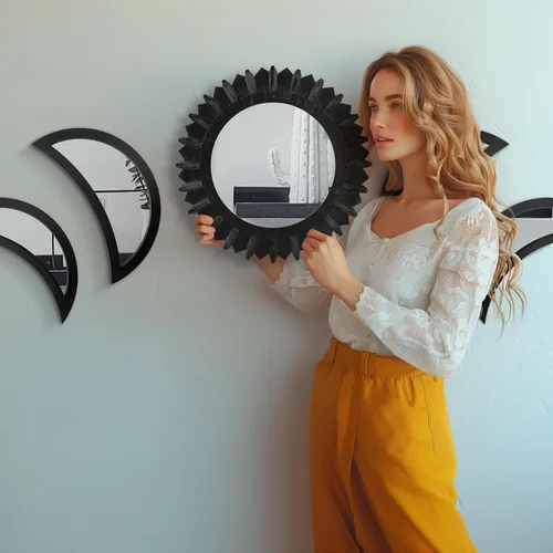 Miniatura 3 de WAKOSAN Espejo de Pared, Juego de Espejos de Fases Lunares, Decoración de Pared para Dormitorio, Bohemio 5 Piezas de Madera y Vidrio Real