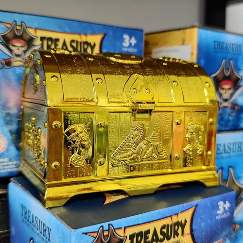 Miniatura 5 de Cofre del tesoro egipcio para niños, caja de tesoro pirata decorativa dorada con cerradura y llave para premios infantiles, fiesta temática