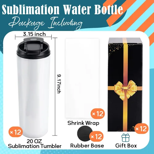 Miniatura 3 de Joyclub 12 Pack Sublimation Water Bottles, 20 oz Dual Opening Tumblers DIY Sublimation Blanks, Stainless Steel Bottle, Leakproof, Straw Included