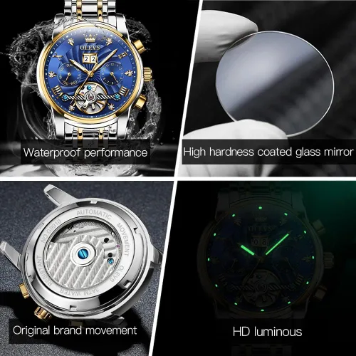 Miniatura 6 de OLEVS Relojes automáticos para hombres, reloj de pulsera mecánico de esqueleto de lujo dorado con cuerda automática, diamante luminoso, impermeable