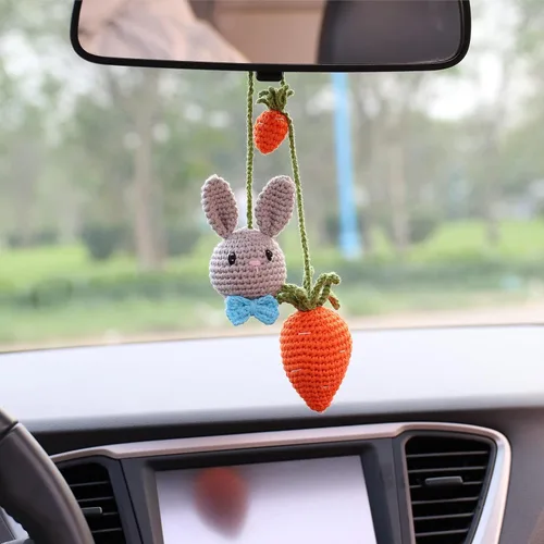 Miniatura 5 de Adorno de conejito gris y zanahoria, accesorios para ventana de visión trasera, colgante hecho a mano para automóvil, decoración de interiores