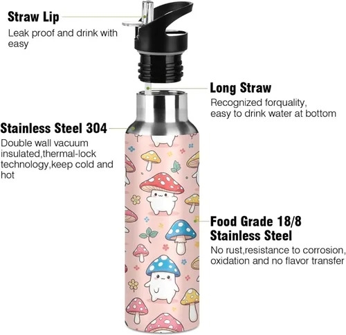 Miniatura 3 de Cute Cartoon Mushrooms Insulated Water Bottle 32 Oz Leakproof Water Bottles, BPA-Free Sports Water Bottle