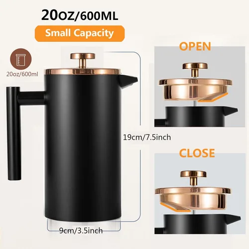 Miniatura 2 de Cafetera pequeña de prensa francesa de 20.3 fl oz, prensa francesa con aislamiento de doble pared negra de acero inoxidable para viajes y Negro