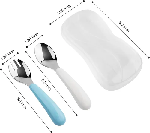 Miniatura 2 de Kirecoo Juego de 2 utensilios para niños pequeños, tenedores y cucharas para niños, juego de cubiertos de acero inoxidable para niños, cubiertos