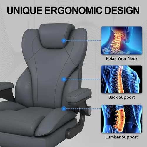 Miniatura 4 de Hovos Silla de oficina, ergonómica grande y alta silla de cuero de escritorio con brazos abatibles acolchados, bloqueo de inclinación ajustable, Gris