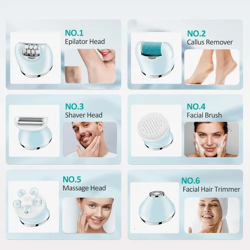 Miniatura 5 de Depiladora para mujeres, depiladora 6 en 1, afeitadora, maquinilla de afeitar, cepillo facial, masaje facial y exfoliante corporal, depilación