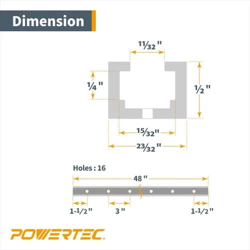 Miniatura 4 de POWERTEC 71351-P2 T-Track 48 pulgadas Heavy Duty Montaje especializado en riel de ranura en T para pernos hexagonales de 1/4"-20, 2