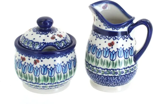 Miniatura 12 de Set de crema y azúcar de flor de manzana y cerámica polaca de rosa azul