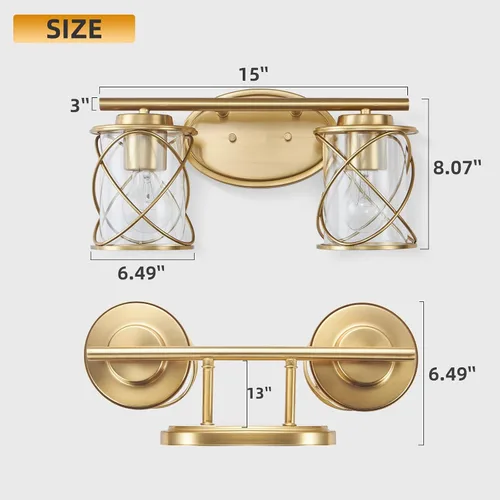 Miniatura 7 de mavcadonf Luces de Tocador de Baño de 2 Luces, Lámparas de Baño sobre el Espejo, Luz de Tocador Dorado Cepillado, Luces de Pared de Estilo Rústico