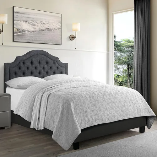 Miniatura 8 de Rosevera Jardin - Marco de cama con plataforma copetuda con botones, base de cama tapizada de tela con cabecera ajustable y soporte de listones