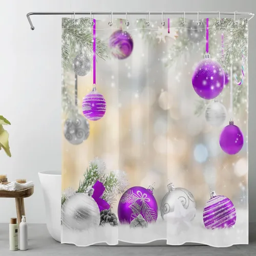Miniatura 12 de LB Winter Christmas Shower Curtain Sets with Rugs Silver and Light Blue Xmas Ball in Winter Snow Scene Fabric Shower Curtain with Hooks New Year