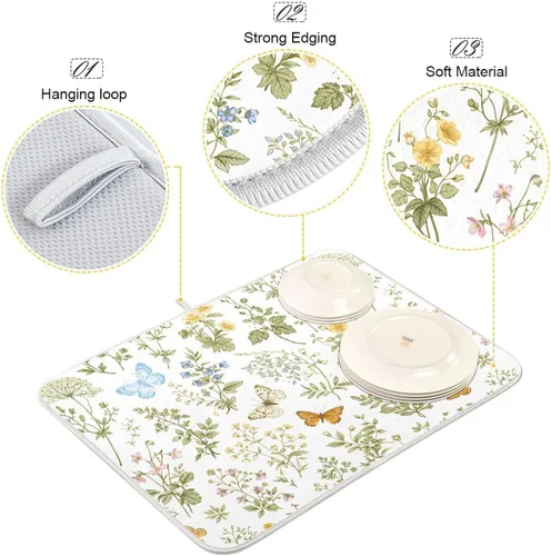 Miniatura 4 de Tapete de secado de platos con flores botánicas y mariposas para encimera de cocina, absorbente, almohadilla de secado de microfibra, grande 18x24