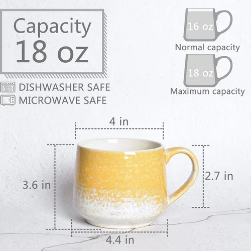 Miniatura 2 de Bosmarlin Juego de 2 tazas grandes de cerámica para café con leche, 18 onzas, taza de té grande de cerámica amarilla para oficina y hogar, apta