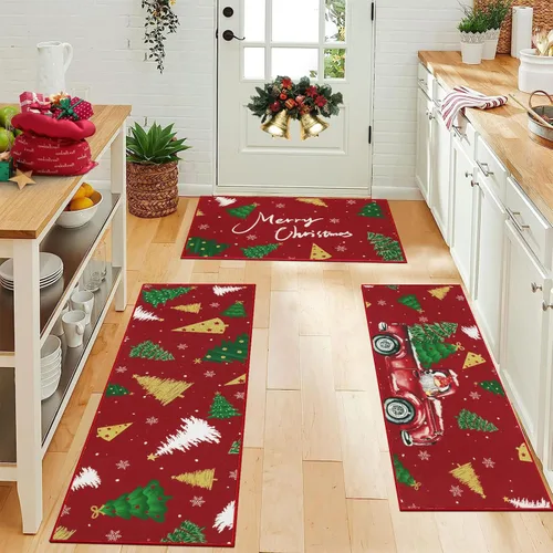 Miniatura 12 de Juego de 3 tapetes de cocina de Feliz Navidad, alfombras antideslizantes de cocina para invierno y fiestas navideñas Xmas, alfombra cómoda