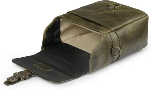 Miniatura 8 de Bolso bandolera para cámara de piel auténtica MegaGear, para cámaras mirrorless, dispositivo electrónico portátil Caqui Verde