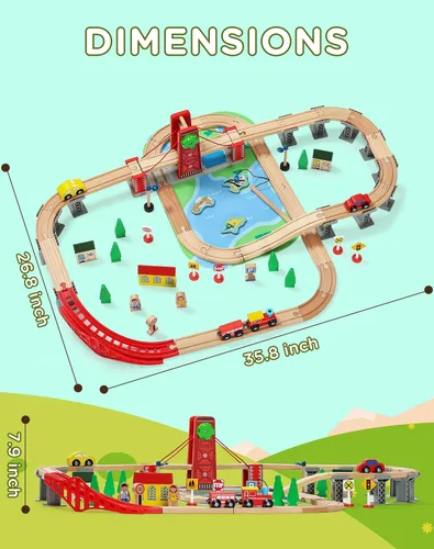 Miniatura 6 de SainSmart Jr. Juego de tren de madera para niños pequeños, pista de tren de madera de doble cara con 4 trenes compatible con Brio, Thomas, Melissa